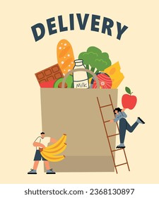 
Delivery concept. man woman collects order package paper bag of vegetables to be delivered Internet market, online supermarket and order. Home delivery of products.