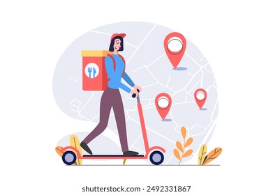 Concepto de entrega en diseño plano moderno para el Web. Mujer mensajero montando patinete scooter y envío de alimentos en bolsa, distribuyendo pedidos a clientes felices en casa con seguimiento en línea. Ilustración vectorial.