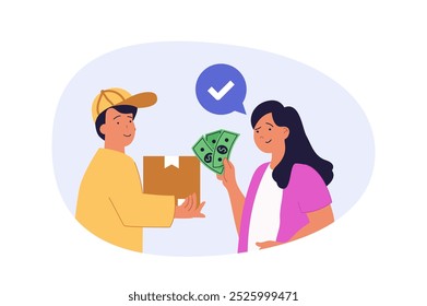 Delivery concept in modern flat design for web. Woman ordering online products, receiving parcel box from courier and paying cash for express shipping to her home address. Vector illustration.