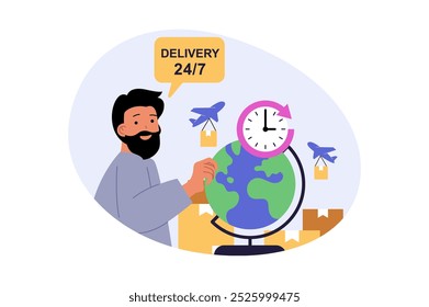 Delivery concept in modern flat design for web. Man ordering online in internet shop, using air shipment with global logistic company and receiving parcel at client home location. Vector illustration.
