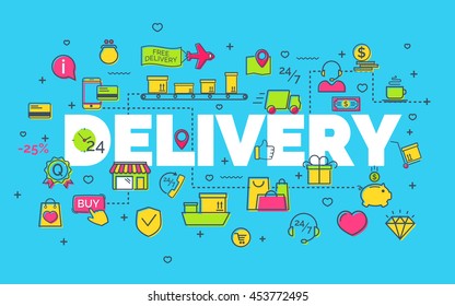 Delivery concept with modern thin line flat icons on blue background. Creative idea concept. Art style design for business idea, website banner. Vector Illustration