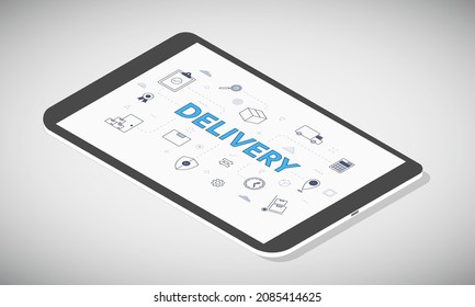 concepto de entrega en la pantalla del tablet con estilo isométrico 3d