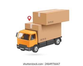 delivery concept ,Parcel boxes or cardboard boxes are stacked on top of each other on yellow truck with map pin indicating delivery location to customers, vector3d isolated for online shopping design