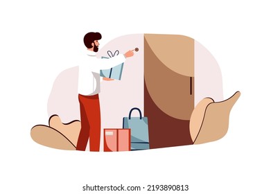 Delivery concept with people scene in the flat cartoon style. Courier delivered the gifts to the specified apartment. Vector illustration.