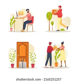 Delivery concept with people scene set. Men and women order lunch in restaurant, grumble online, use delivery service and receive order in box at home. Vector illustration in flat design for web