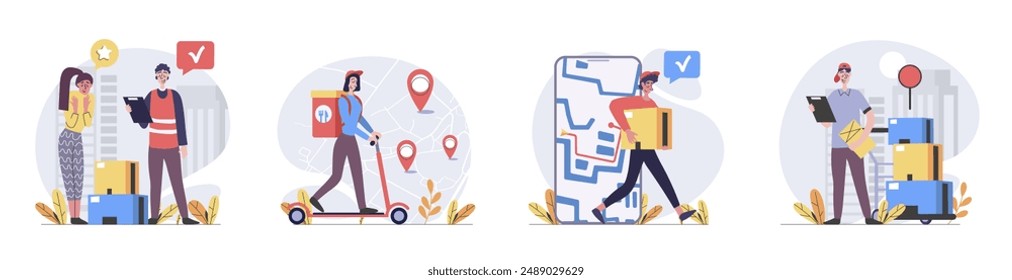 Delivery concept with people scenes set in flat web design. Collection of character situation with couriers shipping parcels from warehouse, logistics and distribution orders. Vector illustrations.
