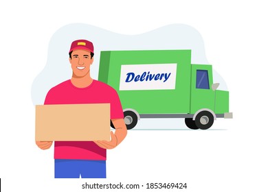 Delivery concept - postman.Delivery man, courier man in front of cargo van delivering package.Vector illustration.