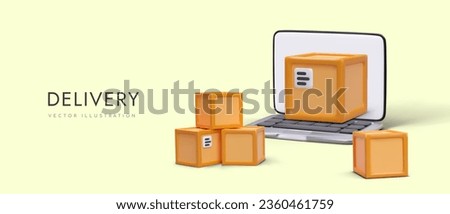 Delivery concept. Realistic open laptop, boxes with place for label. Color commercial banner. Courier services. Address delivery of goods, orders, parcels