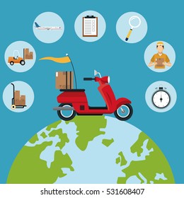 delivery concept red motorcycle globe set icons