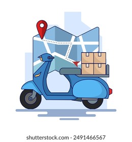 Delivery Concept. Scooter with Box or package and Location Mark. Package delivery. Box. E-commerce template, fast delivery service, package delivery. flat vector illustration on background.