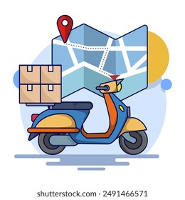 Delivery Concept. Scooter with Box or package and Location Mark. Package delivery. Box. E-commerce template, fast delivery service, package delivery. flat vector illustration on background.