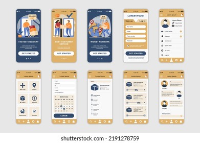 Delivery concept screens set for mobile app template. People use online order and fast shipping, global transportation. UI, UX, GUI user interface kit for smartphone application layouts. Vector