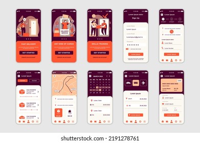 Delivery concept screens set for mobile app template. People use fast shipping services, tracking and online payment. UI, UX, GUI user interface kit for smartphone application layouts. Vector design