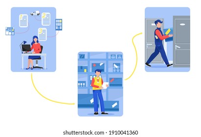 Concepto de entrega. Servicio de entrega, recepción y confirmación de pedidos, procesamiento de pedidos. Camión de entrega, punto de entrega. Ilustración vectorial.
