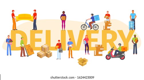 Delivery concept, delivery service workers, various goods vector illustration isolated. People delivering groceries, food, furniture, documents and flowers in boxes, parcels. Bicycle, moped, trolley.