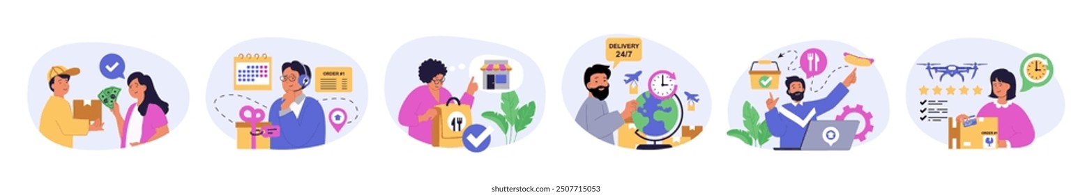 Delivery concept set in flat design for web. Collection with people getting parcel from courier, ordering shipping gifts and logistic logistics, using food delivering service. Vector illustration.