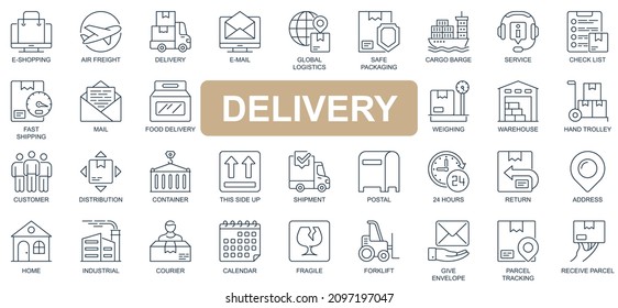 Delivery concept simple line icons set. Pack outline pictograms of e-shopping, email, global logistics, safe packaging, cargo, fast shipping and other. Vector symbols for website and mobile app design