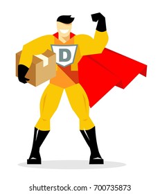 Delivery concept. Superhero courier holding box. Vector illustration in flat style, isolated on white background.