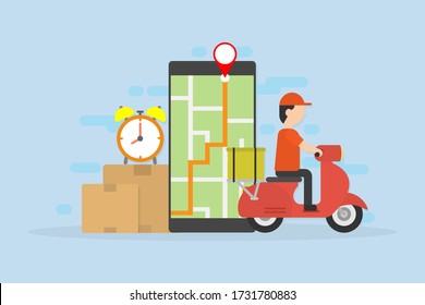 Delivery concept. Transportations concept. Technology concept. Delivery man ride motorcycle. Vector illustrator character flat style. 