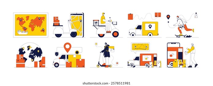 Delivery concept using digital maps according to the specified expedition route, vector illustration.