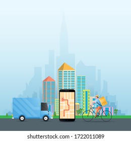 Delivery concept with van, mobile and bicycle delivery man. Vector illustration for delivery, logistics, comerce, service concept.