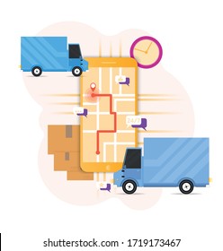 Delivery concept with vans and mobile. Vector illustration for delivery, logistics, comerce, service concept.