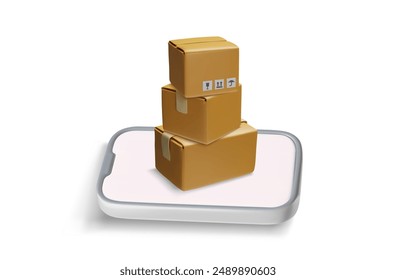 Delivery concept. Vector 3D illustration of cargo boxes stacked on top of each other on a smartphone screen, showing online shopping and delivery on an isolated background.