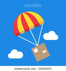 Delivery concept. Vector illustration of a box and parachute in flat design