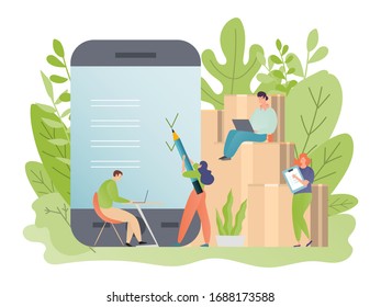 Delivery concept vector illustration. Flat tiny cartoon people using online app on phone, man woman characters work in delivering service. Modern mobile shipment business advertising isolated on white