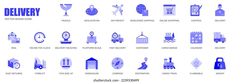 Delivery concept of web icons set in simple flat design. Pack of fragile, geolocation, air freight, worldwide, shipping, control, mail, cargo, weighing and other. Vector blue pictograms for mobile app