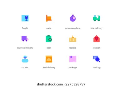 Delivery concept of web icons set in color flat design. Pack of fragile, crate, processing time, tracking, order, logistic, location, courier, package and other. Vector pictograms for mobile app