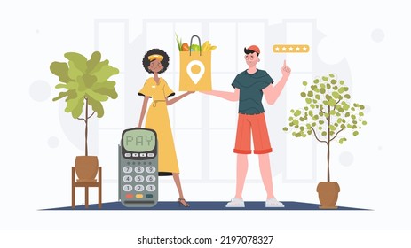 Delivery concept. Woman courier delivers a package with products. Trendy flat style. Vector.