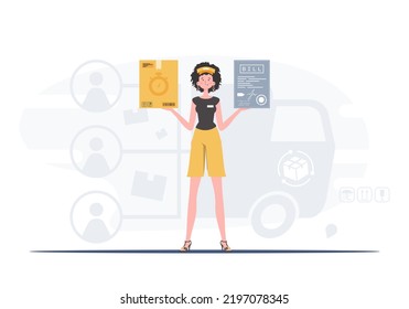 Delivery concept. A woman courier is holding a box and a check. Cartoon style. Vector.