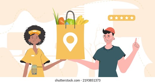 Delivery concept. Woman courier holds a package with groceries. Trendy flat style. Vector.