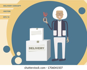 Delivery concept. Woman customer with smartphone in hand. Location icon and exclamation mark. Cardboard boxes with the inscription Delivery. In the background with semicircles and circles. 