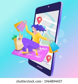 Delivery concept. Woman shopping online with Grocery order from smart phone. Shopping on social networks through phone flat design style. Vector illustration.