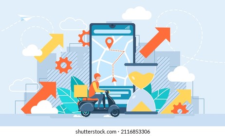 Delivery concept. Young man rides motorcycle with backpack. Courier service. Online delivery on mobile application. E-commerce concept. Delivery man. Online order tracking. Cartoon flat design. Vector