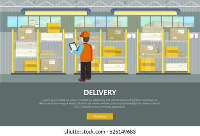 Delivery conceptual vector web banner. Flat style. Man in uniform with tablet working in warehouse. Illustration for postal online services, startups, corporate web sites, landing pages design 