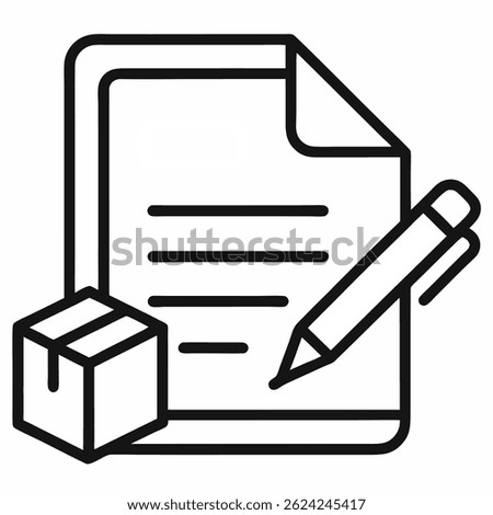 Delivery Confirmation Icon – Line Art of Signed Document with Box and Pen on White Background