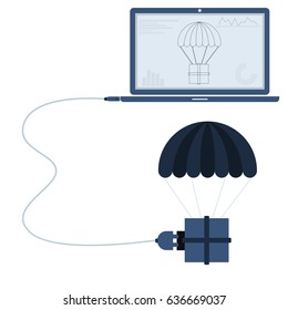 Delivery connected to a laptop through a usb cable. Outline of the parachute and graphs being shown on the computer monitor. Flat design. Isolated.