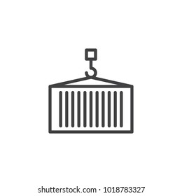 Delivery container with crane line icon, outline vector sign, linear style pictogram isolated on white. Container on a hook symbol, logo illustration. Editable stroke