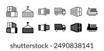 Delivery container ship thin line icon set. Containing shipping storage, cargo crane, freight, truck, and dockyard. Vector illustration