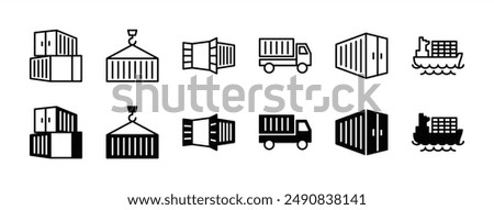 Delivery container ship thin line icon set. Containing shipping storage, cargo crane, freight, truck, and dockyard. Vector illustration