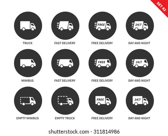 Delivery and conveyance vector icons set. Delivery to the client's concept, Items for service advertising, truck, fast delivery, 27/7, minibus delivery. Isolated on white background
