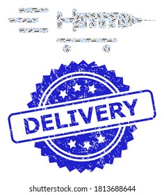 Delivery corroded watermark and vector recursive mosaic vaccine delivery. Blue stamp seal contains Delivery tag inside rosette.