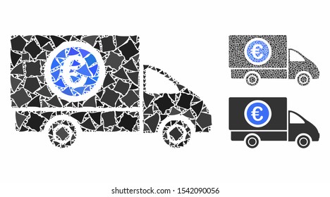 Delivery cost mosaic of joggly parts in various sizes and color tints, based on delivery cost icon. Vector humpy parts are composed into mosaic. Delivery cost icons collage with dotted pattern.