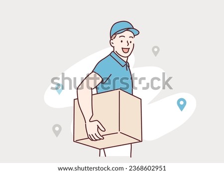 Delivery courer character man with package parcel box. Hand drawn style vector design illustrations.