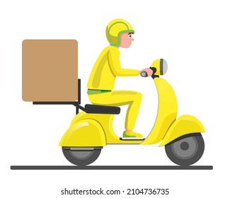 Delivery courier boy ride yellow scooter motor bike. Vector illustration isolated on white background.