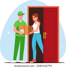 Delivery courier brought parcel to door of apartment, concept of fast delivery of goods. Stock vector illustration