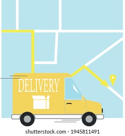 delivery courier car with boxes. destination map